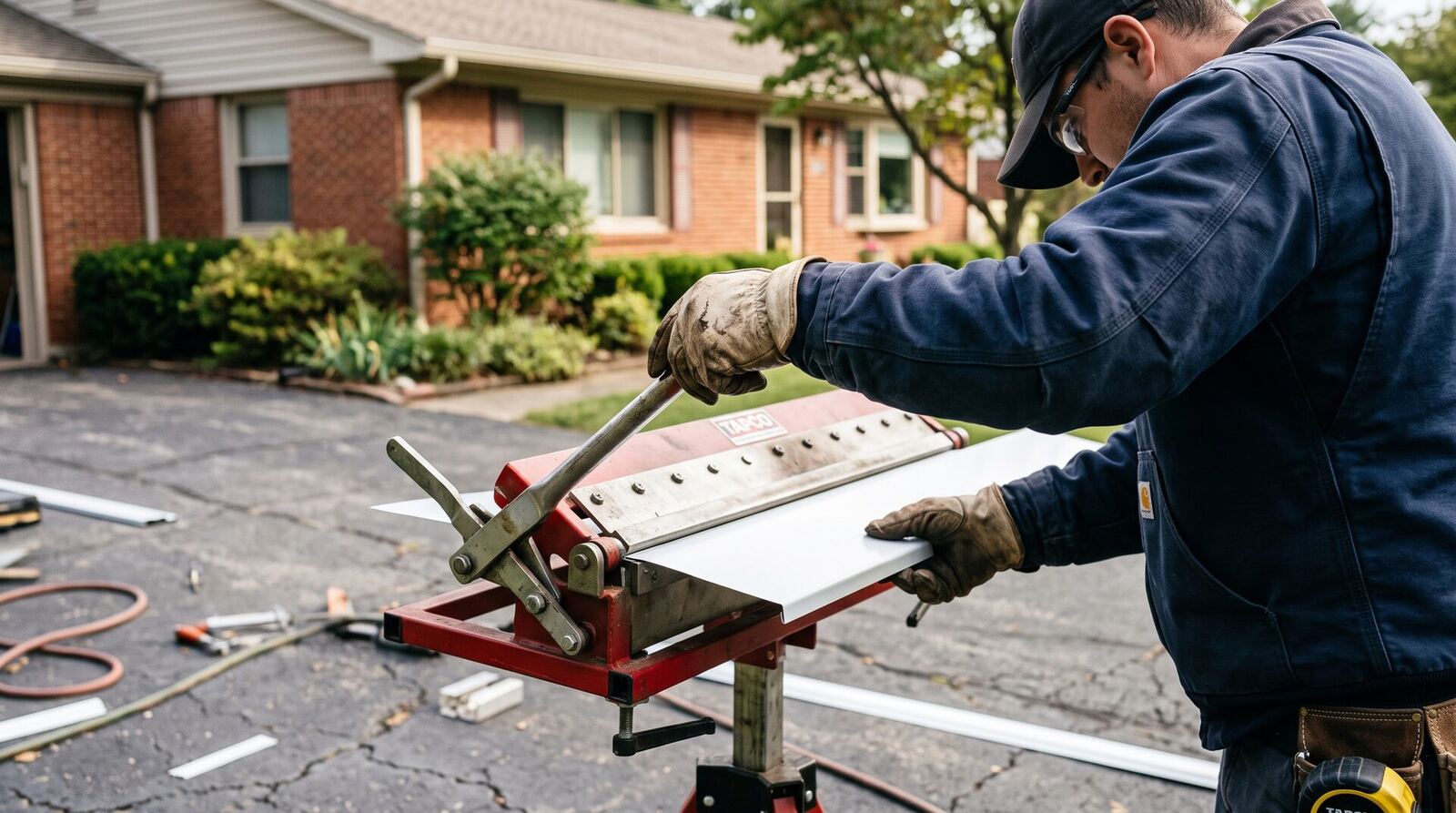 Bending white aluminum coil on a siding brake in a driveway