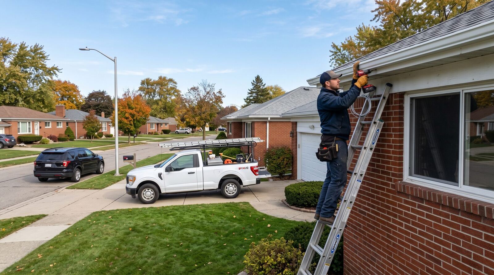 Installer fastening a new seamless gutter to the fascia of a brick ranch from a ladder with a stand-off