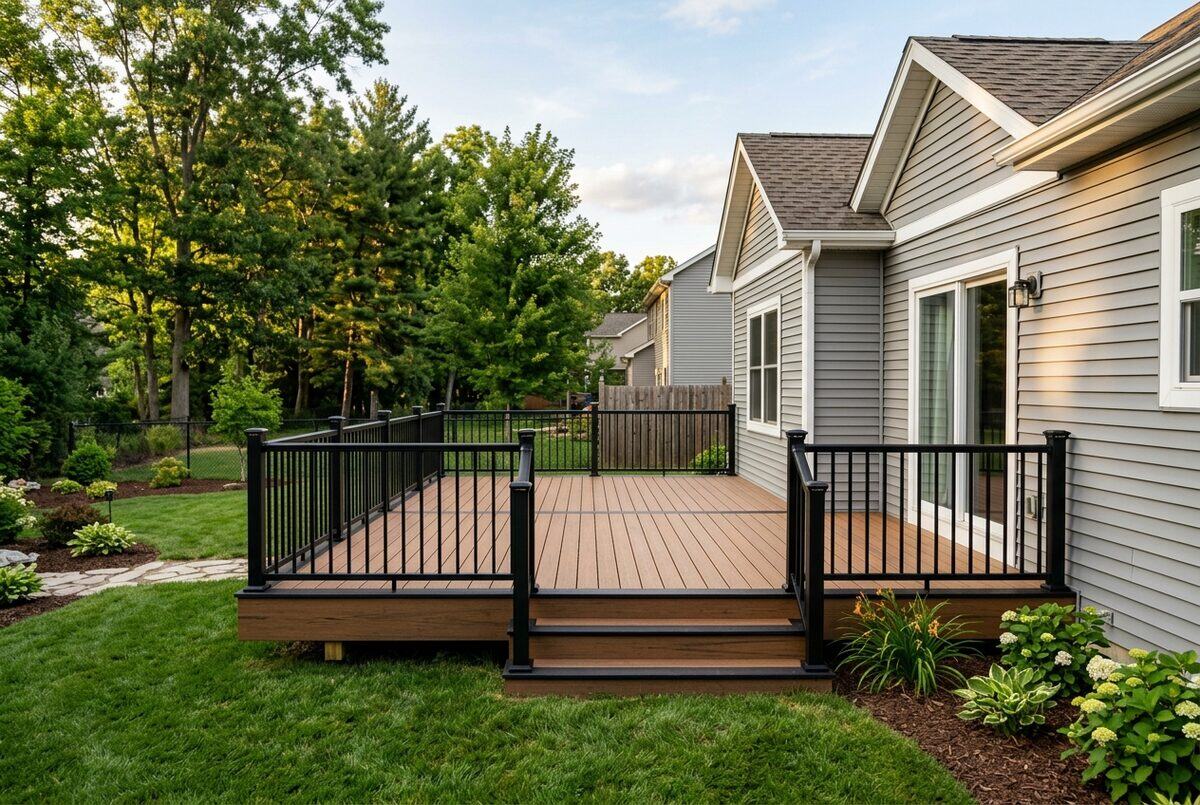 Composite deck with black aluminum railing