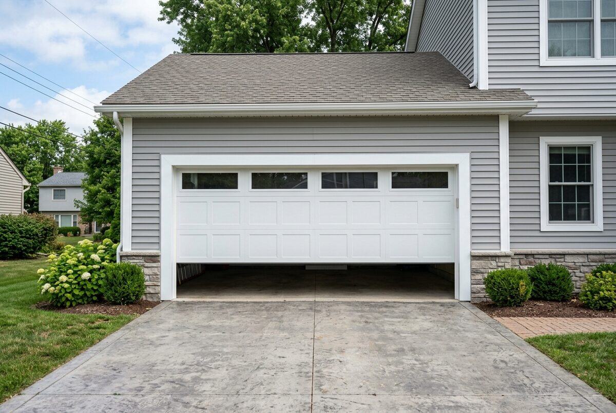 Garage door opening wrapped in white aluminum