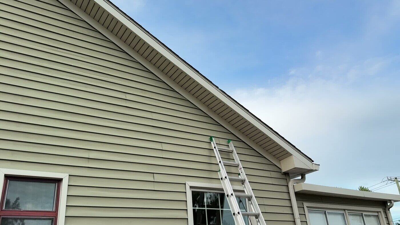 Real Rambow job: aluminum-wrapped fascia along a gable roofline, from Tyler's own job video