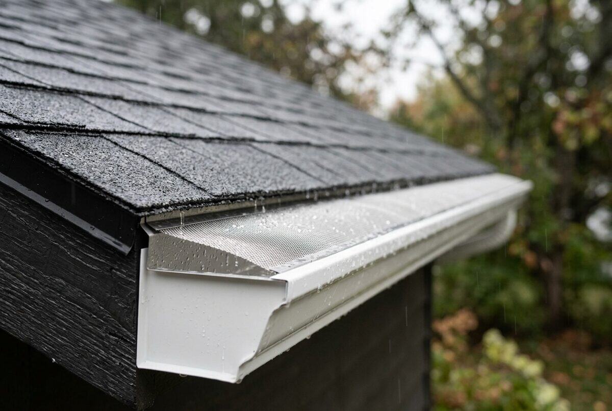 Full run of micro-mesh gutter guard on a new seamless gutter in the rain